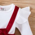 2pcs Baby Girl Cotton Ribbed Solid Spliced Long-sleeve Bow Front Romper & Headband Set Red image 3