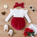 2pcs Baby Girl Cotton Ribbed Solid Spliced Long-sleeve Bow Front Romper & Headband Set Red image 2