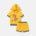 2pcs Toddler Boy Dinosaur Print Striped Hooded Short-sleeve Cotton Tee and Shorts Set Yellow image 1