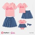 Barbie Mommy and Me Short-sleeve Letter Print Tee and Imitation Denim Skirt Sets Pink image 1