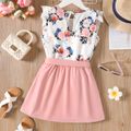 2pcs Kid Girl Floral Print Sleeveless Tee and Belted Skirt Set Pink image 2