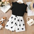 2pcs Kid Girl Flutter-sleeve Tee and Heart Print Belted Shorts Set Black image 2
