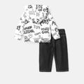 2pcs Baby Boy Long-sleeve Allover Letter Print Naia™ Hoodie and Ripped Jeans Set Color block image 2