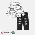 2pcs Baby Boy Long-sleeve Allover Letter Print Naia™ Hoodie and Ripped Jeans Set Color block image 1