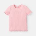 Kid Girl Lettuce Trim Ribbed Solid Color Short-sleeve Cotton Tee Light Pink image 1