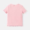 Kid Girl Lettuce Trim Ribbed Solid Color Short-sleeve Cotton Tee Light Pink image 2
