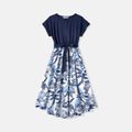 Family Matching 95% Cotton Allover Plant Print Short-sleeve Belted Spliced Dresses and T-shirts Sets BLUE WHITE image 2