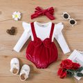 2pcs Baby Girl Cotton Ribbed Solid Spliced Long-sleeve Bow Front Romper & Headband Set Red image 1