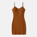 Mommy and Me Solid Cotton Ribbed Spaghetti Strap Bodycon Dresses Brown image 2