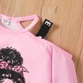 2pcs Kid Girl Figure Print One Shoulder Sweatshirt and Webbing Design Leggings Set Pink image 3