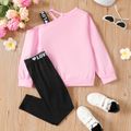 2pcs Kid Girl Figure Print One Shoulder Sweatshirt and Webbing Design Leggings Set Pink image 5