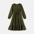 Mommy and Me Solid Swiss Dot Lace Detail Ruffle Hem Long-sleeve Dresses Army green image 3