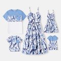 Family Matching Allover Leaf Print Naia Cami Dresses and Short-sleeve Colorblock T-shirts Sets lightbluewhite image 1