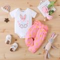Easter 3pcs Baby Girl Short-sleeve Graphic Romper and Polka Dots Pants with Belt Set Pink image 1