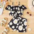 2pcs Kid Girl Floral Print Flounce Camisole and Belted Shorts Set Black image 2