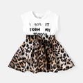 Baby Girl Cotton Cap-sleeve Letter & Leopard Print Spliced Dress White image 1