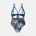 Family Matching Plant Print Scallop Edge Spliced One-piece Swimsuit and Swim Trunks Blue image 5
