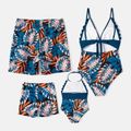 Family Matching Plant Print Scallop Edge Spliced One-piece Swimsuit and Swim Trunks Blue image 2