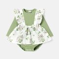 Easter Baby Girl Solid Cotton Ribbed Spliced Rabbit Print Ruffle Trim Long-sleeve Dress Green image 4