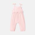 Baby Girl 100% Cotton Crepe Bow Decor Solid Cami Jumpsuit Light Pink image 2