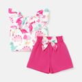 2pcs Baby Girl Dinosaur Print Flounce Sleeveless Tee and Bowknot Design Cotton Shorts Set Roseo image 1