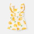Toddler Girl 100% Cotton Fruit Print Pompom Design Flutter-sleeve Rompers Yellow image 1