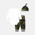 3pcs Baby Boy Cotton Long-sleeve Dinosaur & Letter Print Romper and Camouflage Pants with Hat Set White image 2
