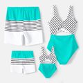 Family Matching Striped Spliced Cut Out One-piece Swimsuit and Colorblock Swim Trunks Green/White image 2