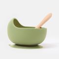 2Pcs Baby Silicone Suction Bowl and Spoon with Wood Handle Baby Toddler Tableware Dishes Self-Feeding Utensils Set for Self-Training Pale Green image 4