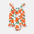 Baby Girl Allover Floral Print Ruffle Trim Bow Front Cut Out One-piece Swimsuit Orange image 1