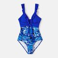 Family Matching Plant Print Swim Trunks and Blue Ruffle Trim Spliced One-piece Swimsuit Blue image 4