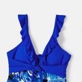 Family Matching Plant Print Swim Trunks and Blue Ruffle Trim Spliced One-piece Swimsuit Blue image 3