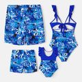 Family Matching Plant Print Swim Trunks and Blue Ruffle Trim Spliced One-piece Swimsuit Blue image 2