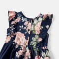 Family Matching Cotton Short-sleeve Spliced Tee and Allover Floral Print Flutter-sleeve Belted Dresses Sets Tibetanbluewhite image 4