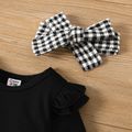 3pcs Baby Girl Solid Ribbed Ruffle Long-sleeve Romper and Bow Front Houndstooth Pants & Headband Set Black image 3