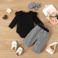 3pcs Baby Girl Solid Ribbed Ruffle Long-sleeve Romper and Bow Front Houndstooth Pants & Headband Set Black image 2