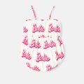 Barbie Baby Girl 95% Cotton Allover Letter Print Bow Front Cami Romper PinkyWhite image 2