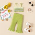 2pcs Baby Girl Cotton Ribbed Crop Cami Top and Flared Pants Set Green image 1