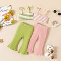 2pcs Baby Girl Cotton Ribbed Crop Cami Top and Flared Pants Set Green image 2