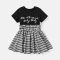 Toddler Girl Letter Print Plaid Splice Short-sleeve Dress Black image 2