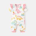 Baby Girl Cotton Dinosaur Print Ruffled Short-sleeve Jumpsuits Light Pink image 1
