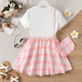 3pcs Kid Girl Heart Print Short-sleeve Tee & Plaid Skirt and Bag Set Pink image 2