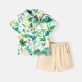 2pcs Toddler Boy Floral Print Lapel Collar Shirt and Elasticized Shorts Set Green image 1