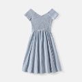 Family Matching Blue Striped Off Shoulder Short-sleeve Shirred Dresses and Spliced Tee Set BLUE WHITE image 2