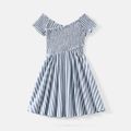 Family Matching Blue Striped Off Shoulder Short-sleeve Shirred Dresses and Spliced Tee Set BLUE WHITE image 3