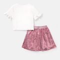 Barbie Kid Girl Glitter Print Short-sleeve Cotton Tee and Sequined Skirt Set White image 2