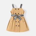 2pcs Toddler Girl 100% Cotton Double Breasted Letter Print Strap Dress and Belt Coffee image 1