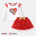 Tom and Jerry 2pcs Toddler/Kid Girl Long-sleeve Cotton Tee and Glitter Bowknot Mesh Skirt Set Red/White image 1