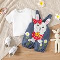 2pcs Baby Girl 100% Cotton Rabbit Graphic Denim Overalls Shorts and Solid Short-sleeve Tee Set Blue image 3