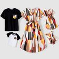 Family Matching 95% Cotton T-shirts and Allover Geo Print V Neck Short-sleeve Belted Dresses Sets Colorful image 1